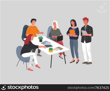 Office or coworking workers sitting at desks and communicating, teamwork meeting. Successful team gathering. Group of young trendy people, startup company. Vector cartoon concept. Office or coworking workers sitting at desks and communicating, teamwork meeting. Successful team gathering. Group of young trendy people, startup company. Vector cartoon
