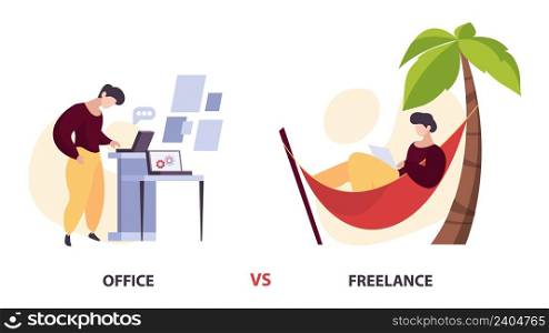 Office or freelance. Man work on laptop on beach. Male characters working in different locations vector concept. Freelancer character and office worker with laptop at workplace. Office or freelance. Man work on laptop on beach. Male characters working in different locations vector concept