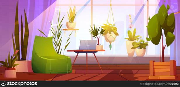 Office or home workplace with laptop on table, chair and green plants. Vector cartoon illustration of empty lounge interior with comfort place for remote work or freelance and houseplants in pots. Comfort workplace with laptop and green plants