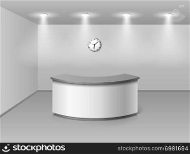 Office or hotel interior with reception counter desk 3d vector illustration. Hall business interior with counter empty. Office or hotel interior with reception counter desk 3d vector illustration