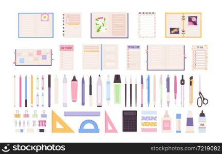 Office or school stationery items, pens, notebooks and planners. Pencil, markers, crayons and ruler. Decorative work desk objects vector set. Glue, eraser and paintbrushes for education. Office or school stationery items, pens, notebooks and planners. Pencil, markers, crayons and ruler. Decorative work desk objects vector set