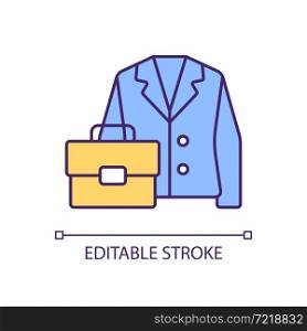 Office outfit color icon. Classic suit for interview. Formal jacket and case. Business apparel. Boss style. Clothes for interview. Isolated vector illustration. Simple filled line drawing. Office outfit color icon