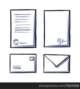 Office page documents and envelopes set of monochrome sketches outline vector. Correspondence and communication on paper, letters signs and signatures. Office Paper Documents and Envelopes Set Vector