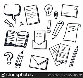 Office paper and electric light bulb isolated icons set vector. Envelope with pencil, pages with information, thought bubble, pin and arrow pointer. Office Paper and Electric Bulb Icons Set Vector