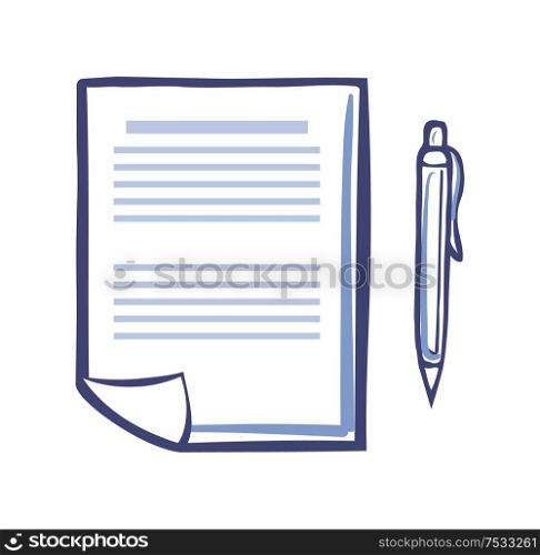 Office paper document page and fountain pen isolated sketch icons, line art vector. Publication with written information. Documentation or article writing. Office Paper Document Page, Fountain Pen Isolated