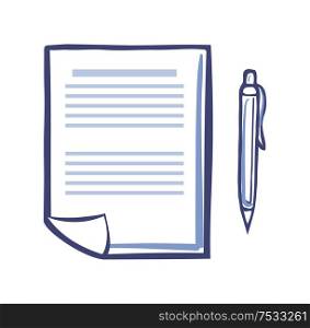 Office paper document page and fountain pen isolated sketch icons, line art vector. Publication with written information. Documentation or article writing. Office Paper Document Page, Fountain Pen Isolated