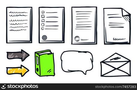 Office paper documents and arrows isolated icons vector. Thought bubble, book publication and indicators, envelope and letters. Documentation set. Office Paper Documents and Arrows Icons Set Vector
