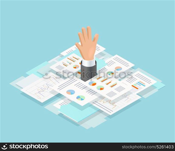 Office Paper Drowning Composition. Colored isometric office paper drowning composition with mans hand reaches out of paper vector illustration