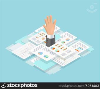 Office Paper Drowning Composition. Colored isometric office paper drowning composition with mans hand reaches out of paper vector illustration