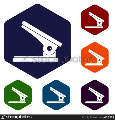 Office paper hole puncher icons set hexagon isolated vector illustration. Office paper hole puncher icons set hexagon
