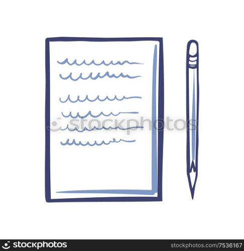 Office paper icon and sharp pencil isolated vector. Document list with font signs, written scribble text on sheet. File with note, template of letter. Office Paper Icon and Sharp Pencil Isolated Vector