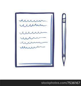 Office paper icon and sharp pencil isolated vector. Document list with font signs, written scribble text on sheet. File with note, template of letter. Office Paper Icon and Sharp Pencil Isolated Vector