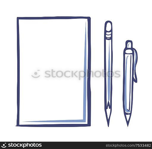 Office paper icon and sharp pencil with pen isolated vector icons. Document blank, empty file for notes, template of letter or document in sketch style. Office Paper Icon and Sharp Pencil Pen Isolated