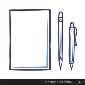 Office paper icon and sharp pencil with pen isolated vector icons. Document blank, empty file for notes, template of letter or document in sketch style. Office Paper Icon and Sharp Pencil Pen Isolated