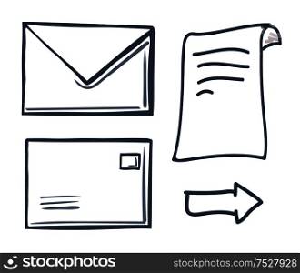 Office paper with closed message in envelope isolated icons set vector. Correspondence and information in letter, arrow showing direction to right. Office Paper with Message in Envelope Set Vector