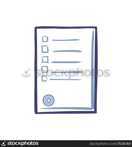 Office paper with stamp and boxes isolated icon vector. Document with text and published information and data. Voting blank with authorization form. Office Paper with Stamp and Boxes Icon Vector