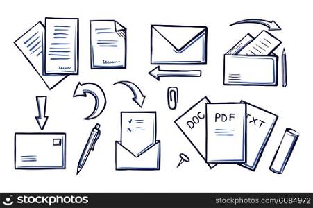 Office papers and pages with information monochrome sketches outline icons set vector. Pdf and doc, txt envelopes and arrows. Supplies for writing. Office Papers and Pages with Information Vector