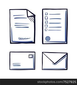 Office papers, envelopes closed and open isolated icons. Signed contract with text, stamp and signature vector. Commercial documentation, messages. Office Papers, Envelopes Closed and Open Isolated