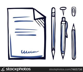 Office papers pen and pencil pins set monochrome sketches outline vector. Documentation with signature at bottom of page. Clip and inks for writing. Office Papers Pen and Pencil Pin Set Sketch Vector