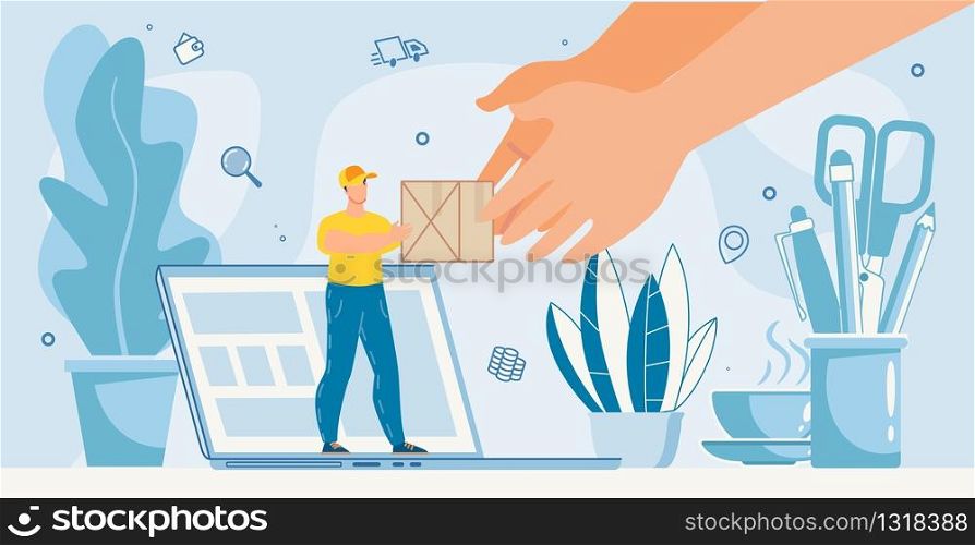 Office Parcels Delivery Online Internet Service Metaphor Advertisement. Tiny Deliveryman Giving Cardboard Box Standing on Laptop. Huge Human Hand Taking Package. Shopping, Buying, Receive Order