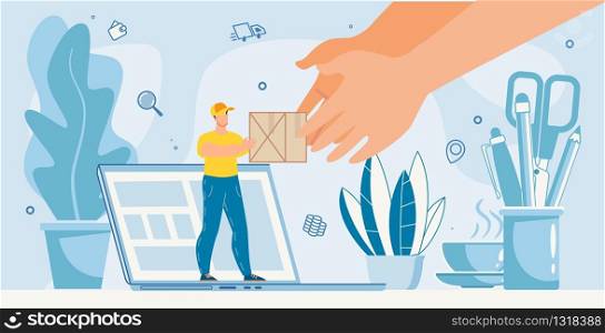 Office Parcels Delivery Online Internet Service Metaphor Advertisement. Tiny Deliveryman Giving Cardboard Box Standing on Laptop. Huge Human Hand Taking Package. Shopping, Buying, Receive Order