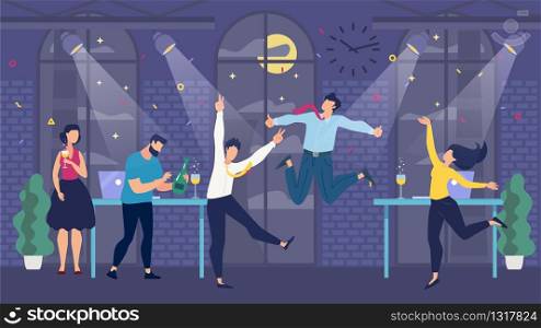 Office Party Celebration. Happy Cartoon Joyful Team. Colleagues Managers Having Fun, Drinking Champagne, Dancing, Jumping. Holiday, Successful business Project Result. Vector Flat Illustration. Office Party Celebration and Happy Cartoon Team
