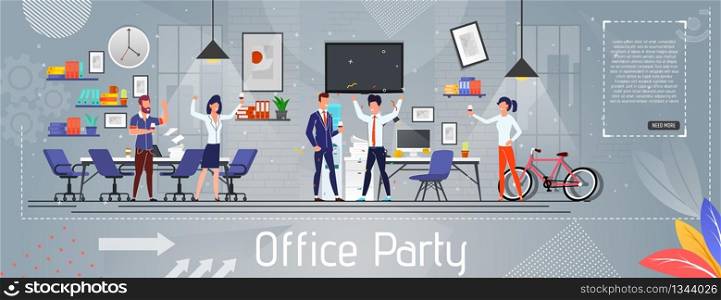 Office Party Flat Banner. Boss Chief and Executive Manager, Two Partners Receiving Greetings from Colleagues. Employees Resting Together, Drinking Alcoholic Beverage. Vector Cartoon Illustration. Office Party and Greetings from Colleagues Banner