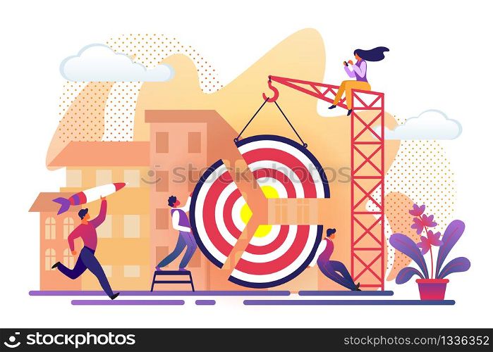 Office People Assembling Huge Target Pieces Using Building Crane on City View Background. Men Working for Business Success. Guy Throw Rocket in Aim. Girl Sit on Top. Cartoon Flat Vector Illustration.. People Assemble Huge Target Pieces Building Crane.