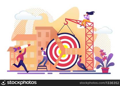 Office People Assembling Huge Target Pieces Using Building Crane on City View Background. Men Working for Business Success. Guy Throw Rocket in Aim. Girl Sit on Top. Cartoon Flat Vector Illustration.. People Assemble Huge Target Pieces Building Crane.