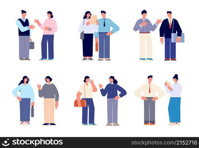 Office people conversation. Meeting characters, business persons talk each other. Formal man woman, cartoon diverse workers utter vector set. Illustration people together communication. Office people conversation. Meeting characters, business persons talk each other. Formal man woman, cartoon diverse workers utter vector set