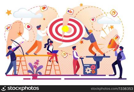 Office People Creative Team Working for Business Success. Men Assemble Giant Target of Puzzle Pieces with Light Bulb in Center, Girl Work at Laptop, Archer, Megaphon. Cartoon Flat Vector Illustration.. Office People Team Working for Business Success.