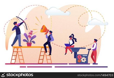 Office People Creative Team Working for Business Success. Girl Work at Laptop on Elevator, Archer Shoot in Target, Businessman Shouting in Megaphone. Teamwork Process. Cartoon Flat Vector Illustration. Office People Team Working for Business Success.