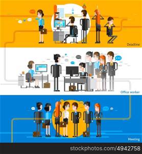 Office People Flat Horizontal Banners. Office people cartoon horizontal banners with workers groups participating in business meeting and corporate workflow flat vector illustration