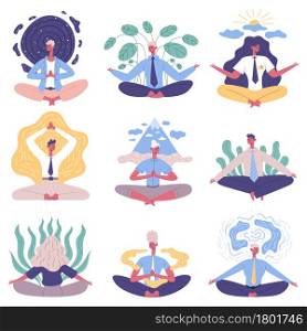 Office people group meditation yoga lotus posture. Meditation relaxing practicing office people vector illustration set. Business people yoga practice. Employees concentrating on body. Office people group meditation yoga lotus posture. Meditation relaxing practicing office people vector illustration set. Business people yoga practice
