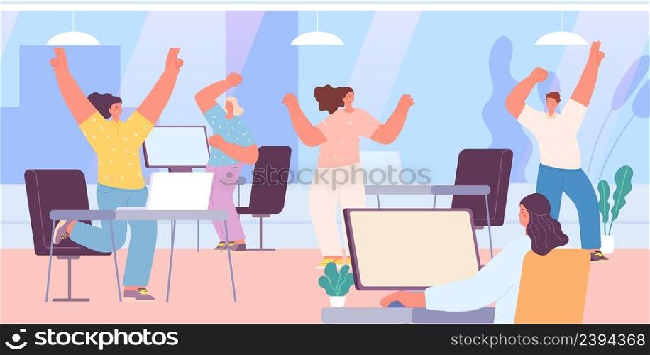 Office people happy at work. Friday, weekend time. Corporate party, woman man dancing and working. Cartoon managers celebrate, vector scene. Illustration of weekend business happy. Office people happy at work. Friday, weekend time. Corporate party, woman man dancing and working. Cartoon managers celebrate, vector scene