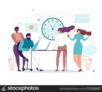 Office People Having Break, Lunchtime during Working Day. Man and Woman Coworkers Community, Multiracial Team Enjoying Time Together, Drinking Coffee and Chatting. Vector Flat Illustration. Office People Having Break during Working Day
