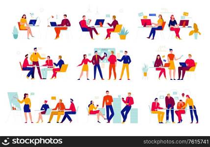 Office people icon set with situations at work meetings coffee breaks brainstorms talks and other vector illustration