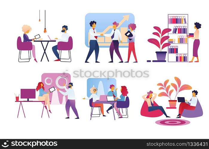 Office People Lifestyle Set Isolated on White Background. Businessmen and Businesswomen Working, Meeting, Deal and Projects, Relaxing at Coffee Break. Business Life Cartoon Flat Vector Illustration. Office People Life Isolated on White Background.