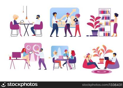Office People Lifestyle Set Isolated on White Background. Businessmen and Businesswomen Working, Meeting, Deal and Projects, Relaxing at Coffee Break. Business Life Cartoon Flat Vector Illustration. Office People Life Isolated on White Background.