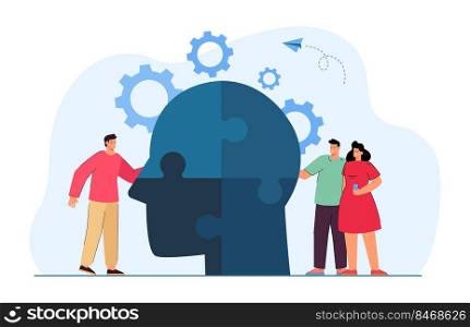 Office people putting pieces of jigsaw of head puzzle together. Symbol of psychological help or personality, partnership flat vector illustration. Mental health, support, leadership concept for banner