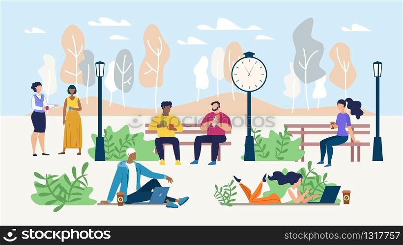 Office People Rest during Coffee Break in Park. Freelancers Working Online on Laptop in Public Place. Multiracial Men and Women Having Lunch, Informal Meeting. Coworkers Chatting. Vector Illustration. Office People Rest during Coffee Break in Park