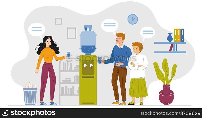 Office people stand at water cooler talk and drink beverage at workplace. Business colleagues chat, conversation, coffee break refreshment, gossips at watercooler, Line art flat vector Illustration. Office people stand at water cooler talk and drink