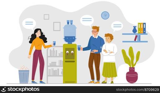 Office people stand at water cooler talk and drink beverage at workplace. Business colleagues chat, conversation, coffee break refreshment, gossips at watercooler, Line art flat vector Illustration. Office people stand at water cooler talk and drink