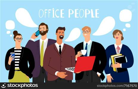 Office people talking. Business group meeting talks, vector men and women with speech and thinking bubbles, friendly persons together. Office people talking