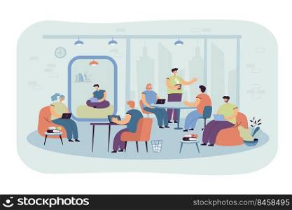 Office people using laptops and computers at workplaces in contemporary co-working interior. Vector illustration for business, teamwork, community, modern workspace concept