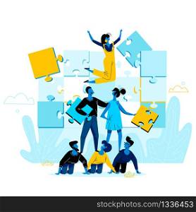 Office People Work Together Setting Up Huge Colorful Separated Puzzle Pieces. Businesspeople in Coworking Place Teamwork, Cooperation, Collective Work, Partnership Cartoon Flat Vector Illustration. Office People Work Together Setting Up Puzzle
