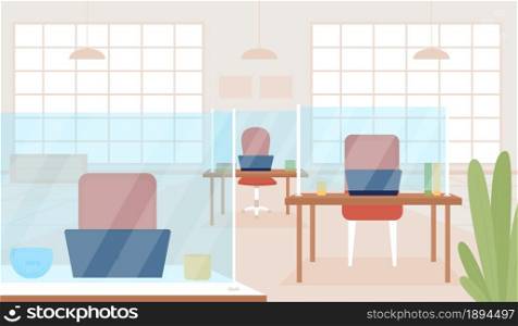 Office post covid flat color vector illustration. Desks with protective shields for social distancing during quarantine. New normal. Corporate 2D cartoon interior with furniture on background. Office post covid flat color vector illustration