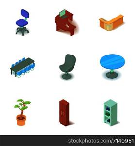 Office premise icons set. Isometric set of 9 office premise vector icons for web isolated on white background. Office premise icons set, isometric style