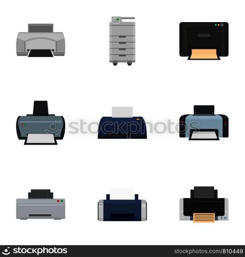 Office printer icon set. Flat set of 9 office printer vector icons for web design. Office printer icon set, flat style