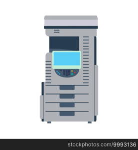 Office printer technology vector illustration. Computer printer paper machine equipment design icon. Document printout symbol device. Multifunction office copier business machine. Inkjet sign